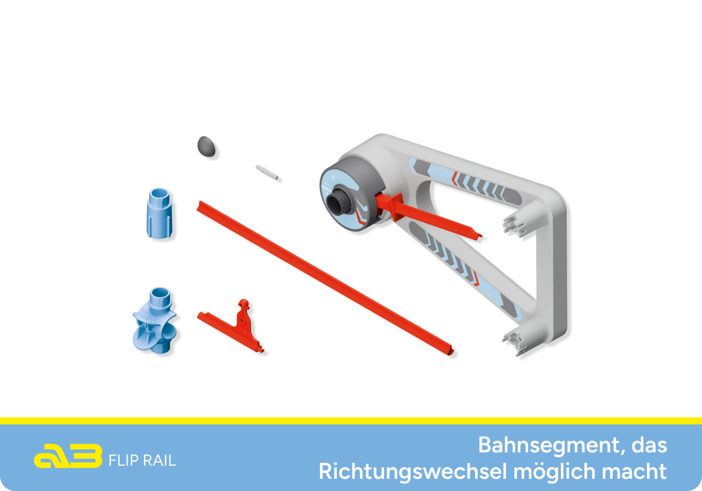 Einzelteile des Flip Rail Sets. Einzelteile des SKY TRAILS Flip Rail Sets mit Schienenelementen, Verbindungsteilen und Mechanikmodul