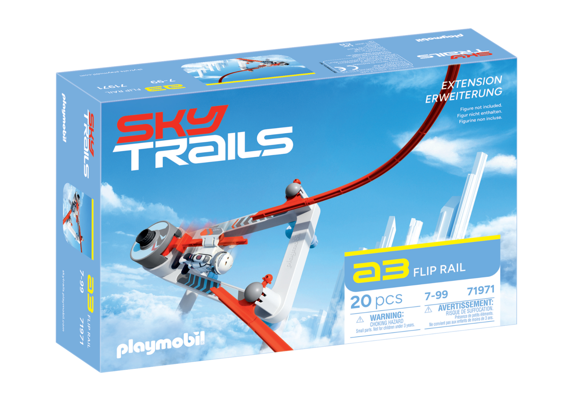Produktförpackning av SKY TRAILS Flip Rail – expansionsset med 20 delar för barn från 7 år, kreativt byggleksak med rymdtema.