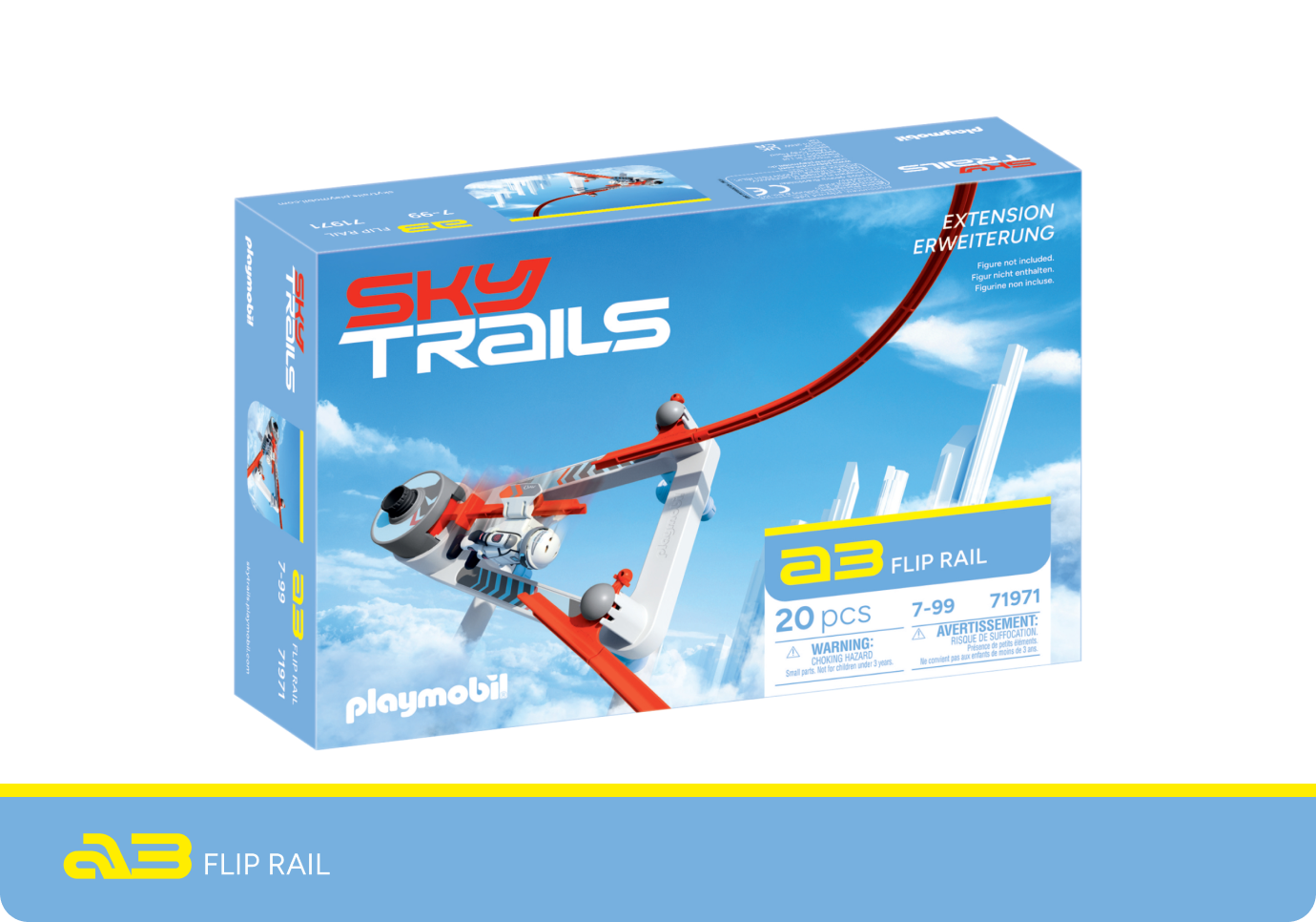 Produktverpackung von Flip Rail. SKY TRAILS Flip Rail Erweiterung mit 20 Teilen für Kinder ab 7 Jahren ? Konstruktionsspielzeug mit Weltraumthema