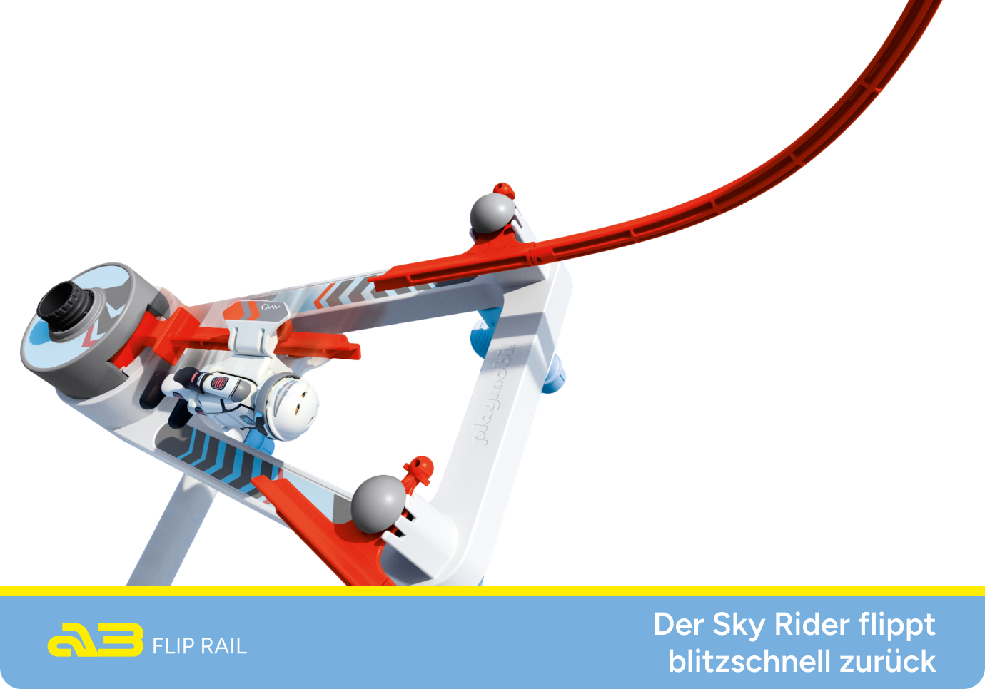 Nahaufnahme der Flip Rail Funktion mit Astronautenfigur und scharfer Kurve ? Teil des SKY TRAILS Bausets 