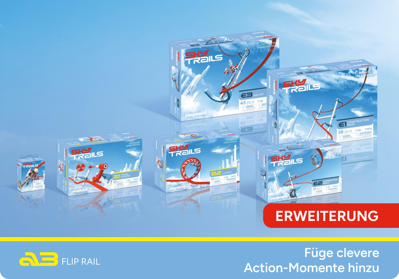 Produktübersicht mit Flip Rail Erweiterung im Vordergrund. SKY TRAILS Produktsortiment mit Flip Rail Erweiterung im Vordergrund ? Geschenkidee für Kinder ab 7 Jahren