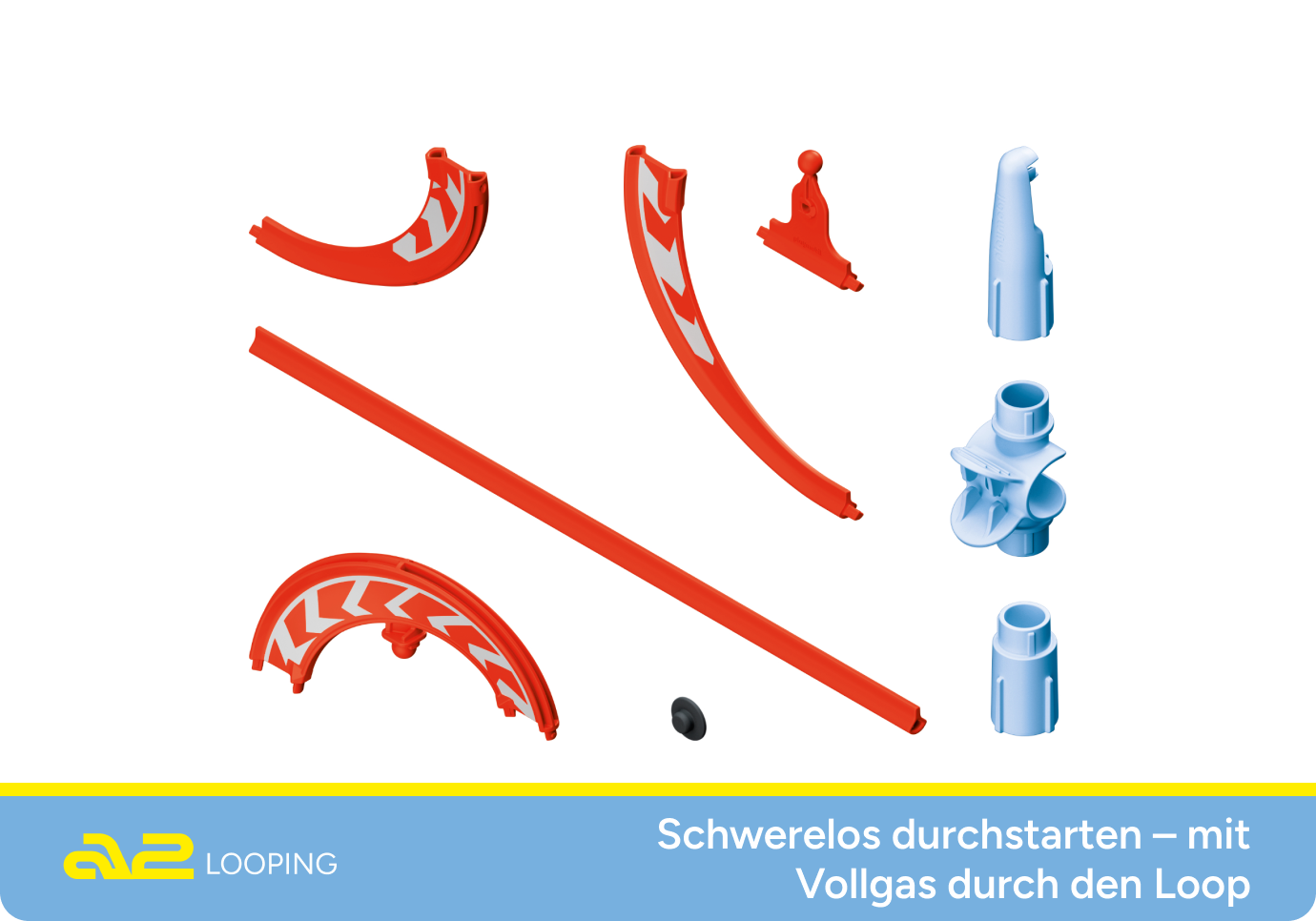 Einzelteile des Looping-Sets von SKY TRAILS, inklusive gebogener und gerader Rennbahnelemente in Rot und Blau ? spannendes Erweiterungs-Bauset für Kinder ab 7 Jahren