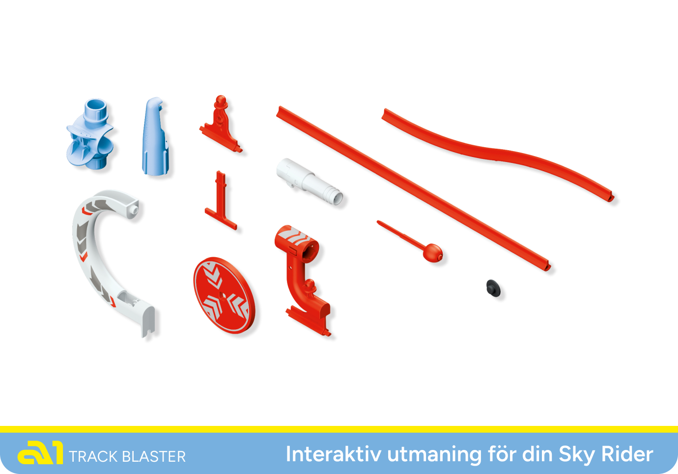 Översikt över alla delar i SKY TRAILS Track Blaster-expansionen – kreativt byggset för barn från 7 år.