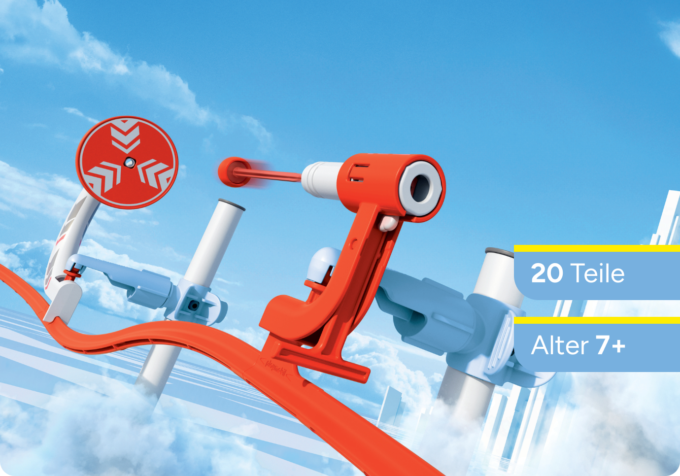 Rotes Track Blaster Abschussmodul mit Ziel auf der Bahn montiert