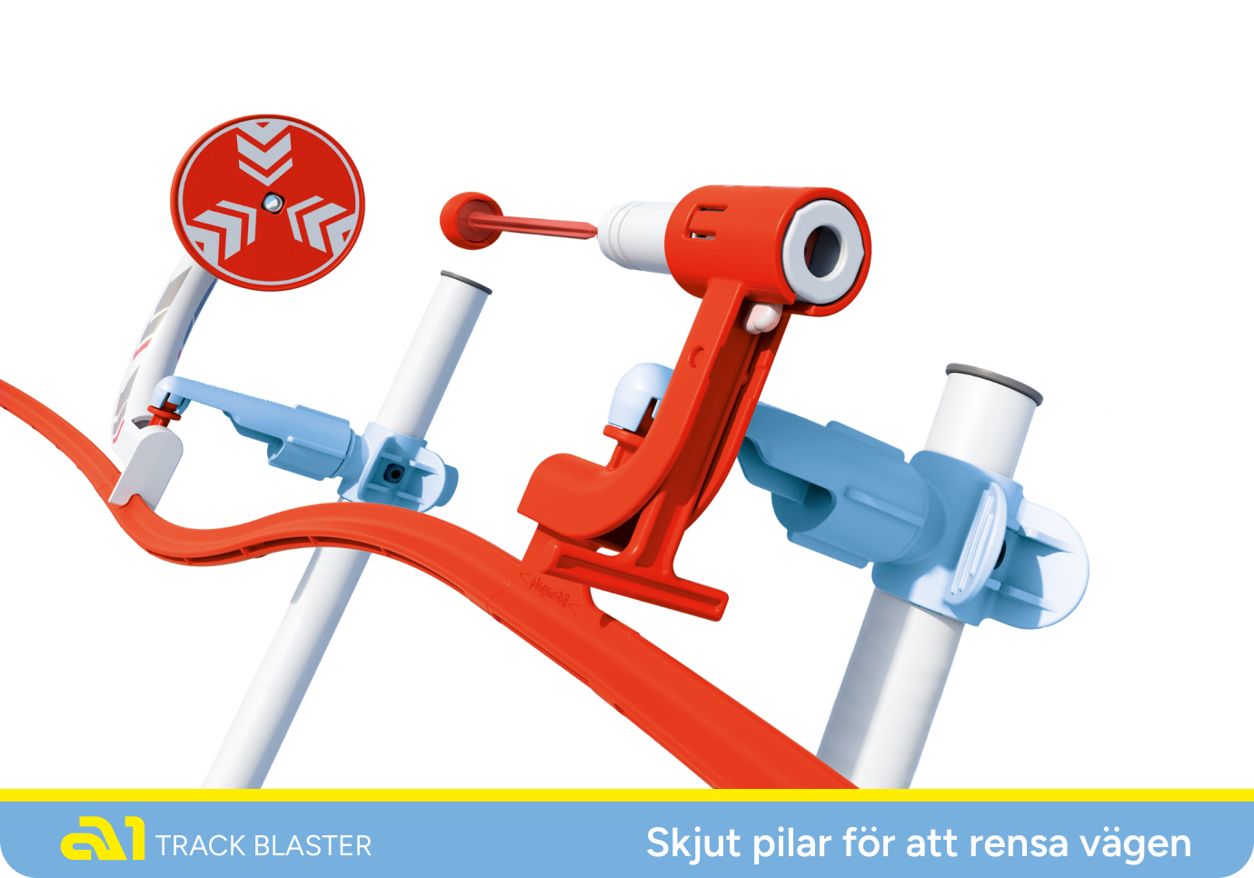 Track Blaster-avfyrningsramp med måltavla på en böjd SKY TRAILS-bana – spännande byggset för barn från 7 år.