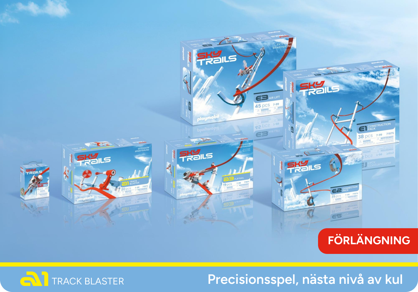 Produktöversikt över SKY TRAILS-sortimentet med Track Blaster och andra expansioner – kreativt byggset för barn från 7 år.